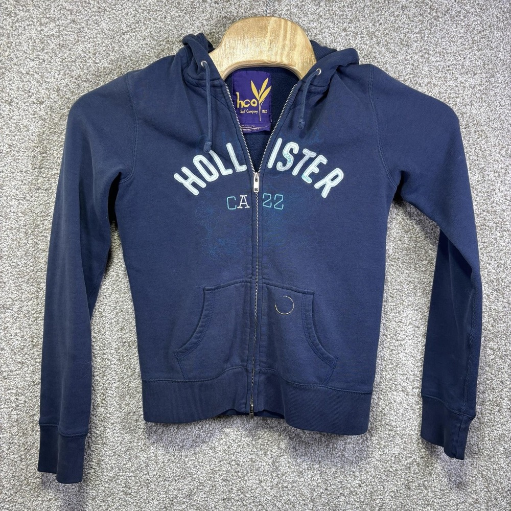 Y2K Hollister Surf Hoodie Womens Small Blue Full Zip Fleece Logo Pockets Graphic